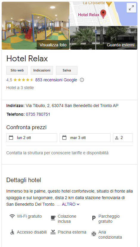 La scheda Google Business Profile dell'Hotel Relax di San Benedetto del Tronto